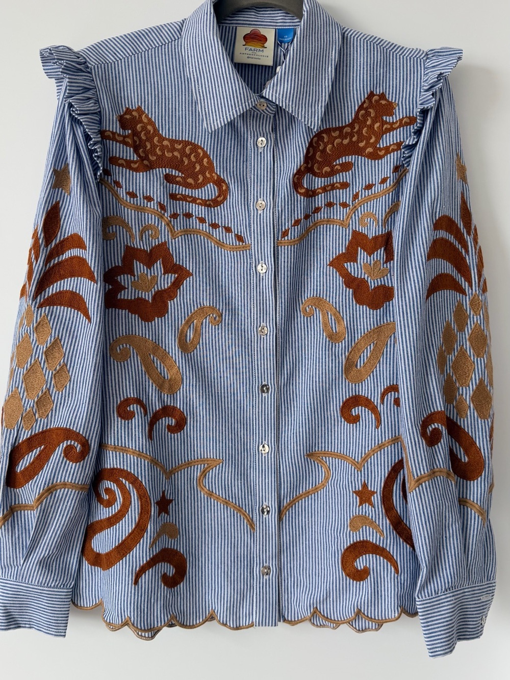 FARM RIO ANTHROPOLIGIE Blue Striped Button-Up Shirt with Copper Embroidery